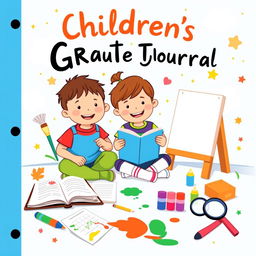 Create a cheerful and colorful cover for a children's gratitude journal featuring a fun scene with a smiling boy and girl sitting on the floor, happily writing in a notebook