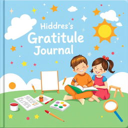 Create a cheerful and colorful cover for a children's gratitude journal featuring a fun scene with a smiling boy and girl sitting on the floor, happily writing in a notebook