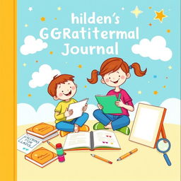 Create a cheerful and colorful cover for a children's gratitude journal featuring a fun scene with a smiling boy and girl sitting on the floor, happily writing in a notebook