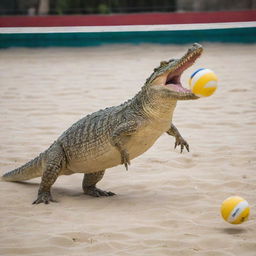 A peculiar scene of a crocodile engaging in a lively game of volleyball