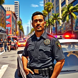 A highly detailed scene depicting a police officer in a GTA V-inspired urban environment, showcasing a vibrant street filled with bustling pedestrians and flashy cars