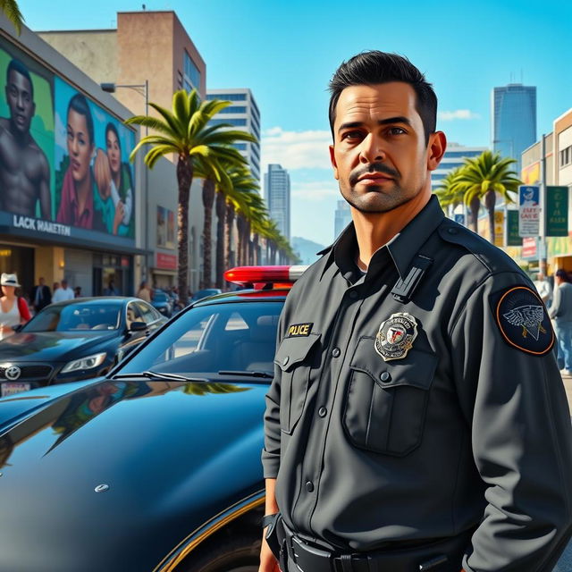 A highly detailed scene depicting a police officer in a GTA V-inspired urban environment, showcasing a vibrant street filled with bustling pedestrians and flashy cars