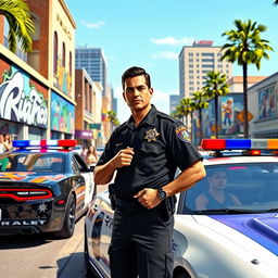 A highly detailed scene depicting a police officer in a GTA V-inspired urban environment, showcasing a vibrant street filled with bustling pedestrians and flashy cars