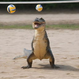 A peculiar scene of a crocodile engaging in a lively game of volleyball