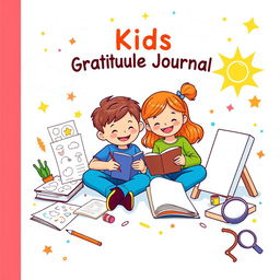 Create a cheerful and colorful horizontal cover for a kids gratitude journal with dimensions 440 x 280 mm