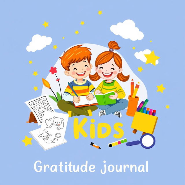 Create a cheerful and colorful horizontal cover for a kids gratitude journal with dimensions 440 x 280 mm