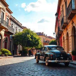 A classic vintage car parked on a cobblestone street in a charming vintage city