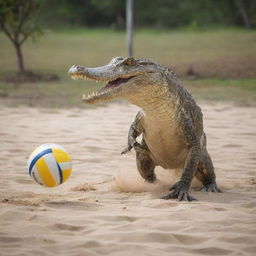 A peculiar scene of a crocodile engaging in a lively game of volleyball