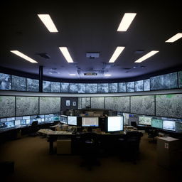 The expansive desk in the SWAT Control Room, filled with numerous screens displaying real-time data, strategic maps, and intricate communications equipment.