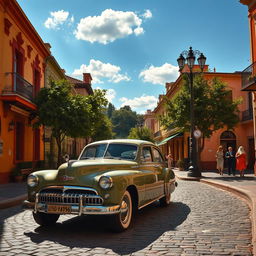 A classic vintage car parked on a cobblestone street in a charming vintage city