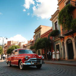 A classic vintage car parked on a cobblestone street in a charming vintage city