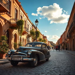 A classic vintage car parked on a cobblestone street in a charming vintage city