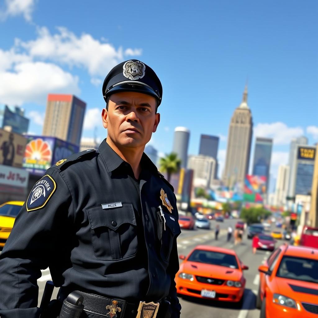 A vibrant and engaging scene showcasing a police officer character from Grand Theft Auto V, standing confidently in a bustling urban environment of Los Santos