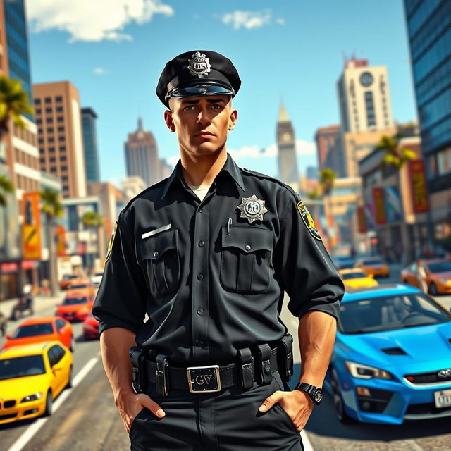 A vibrant and engaging scene showcasing a police officer character from Grand Theft Auto V, standing confidently in a bustling urban environment of Los Santos