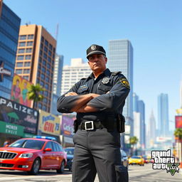 A vibrant and engaging scene showcasing a police officer character from Grand Theft Auto V, standing confidently in a bustling urban environment of Los Santos