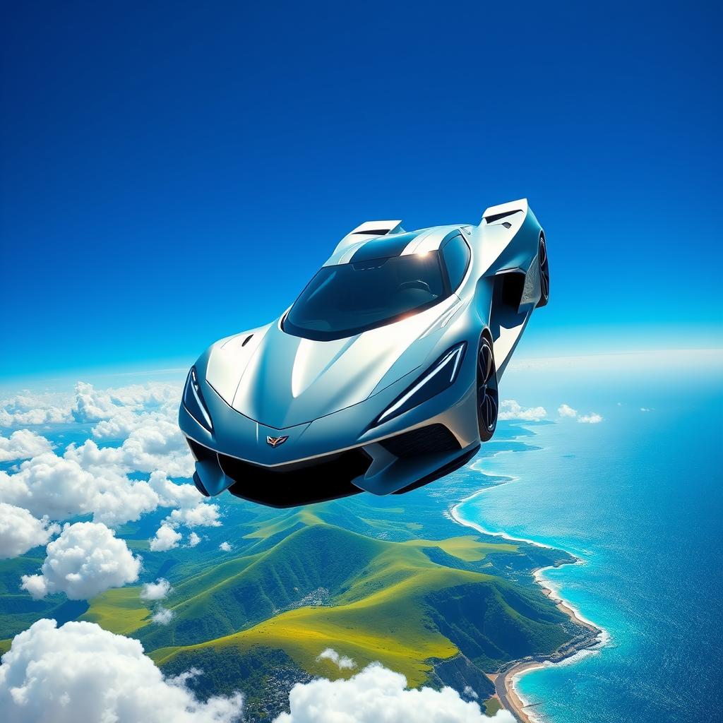 A futuristic Chevrolet Corvette soaring through a bright blue sky, its sleek body reflecting sunlight