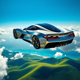 A futuristic Chevrolet Corvette soaring through a bright blue sky, its sleek body reflecting sunlight