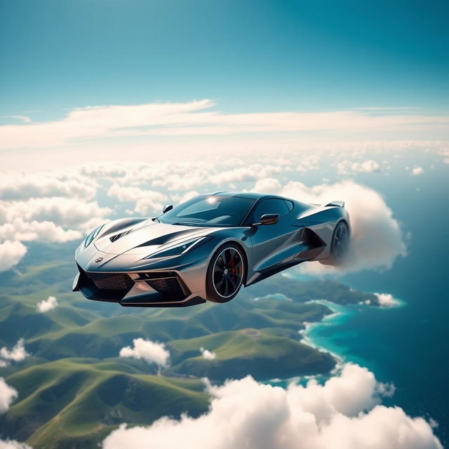 A futuristic Chevrolet Corvette soaring through a bright blue sky, its sleek body reflecting sunlight