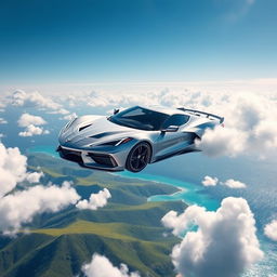 A futuristic Chevrolet Corvette soaring through a bright blue sky, its sleek body reflecting sunlight