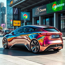 A futuristic car designed with the aesthetic of Google Chrome, featuring a sleek and modern body that showcases vibrant, colorful accents reminiscent of the Chrome logo