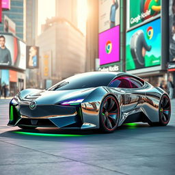 A futuristic car designed with the aesthetic of Google Chrome, featuring a sleek and modern body that showcases vibrant, colorful accents reminiscent of the Chrome logo