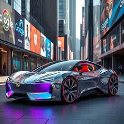 A futuristic car designed with the aesthetic of Google Chrome, featuring a sleek and modern body that showcases vibrant, colorful accents reminiscent of the Chrome logo