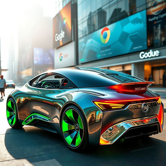 A futuristic car designed with the aesthetic of Google Chrome, featuring a sleek and modern body that showcases vibrant, colorful accents reminiscent of the Chrome logo