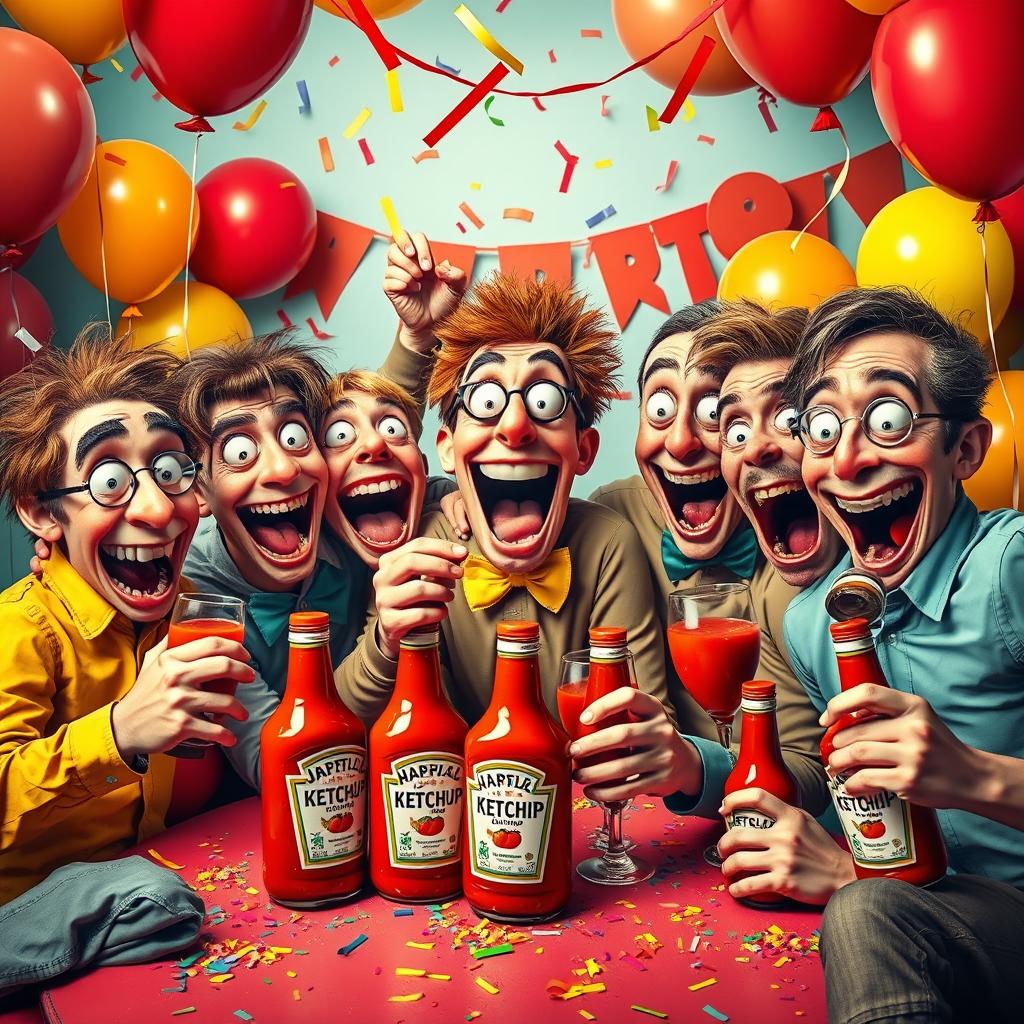 A humorous and surreal scene depicting a group of quirky characters enthusiastically enjoying a party where they are 'getting drunk' on ketchup