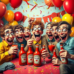 A humorous and surreal scene depicting a group of quirky characters enthusiastically enjoying a party where they are 'getting drunk' on ketchup