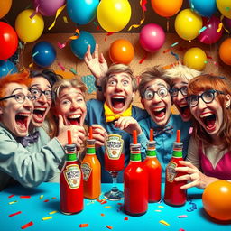 A humorous and surreal scene depicting a group of quirky characters enthusiastically enjoying a party where they are 'getting drunk' on ketchup