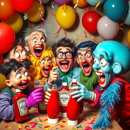 A humorous and surreal scene depicting a group of quirky characters enthusiastically enjoying a party where they are 'getting drunk' on ketchup