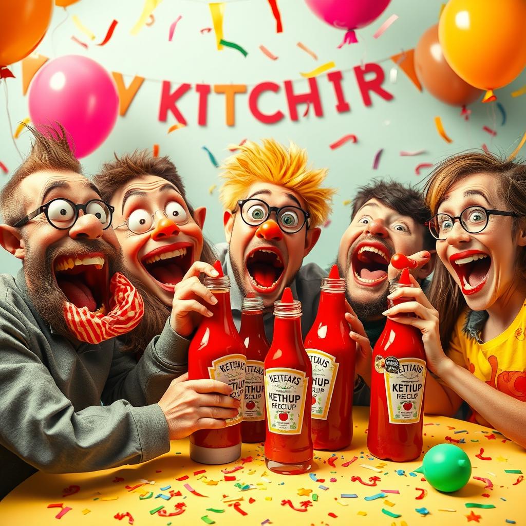 A humorous and surreal scene depicting a group of quirky characters enthusiastically enjoying a party where they are 'getting drunk' on ketchup