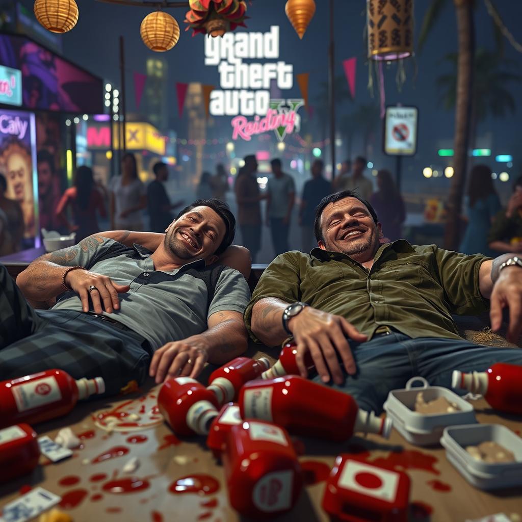 A humorous scene set in the world of Grand Theft Auto V, depicting two male characters sprawled out on a table in a messy setting