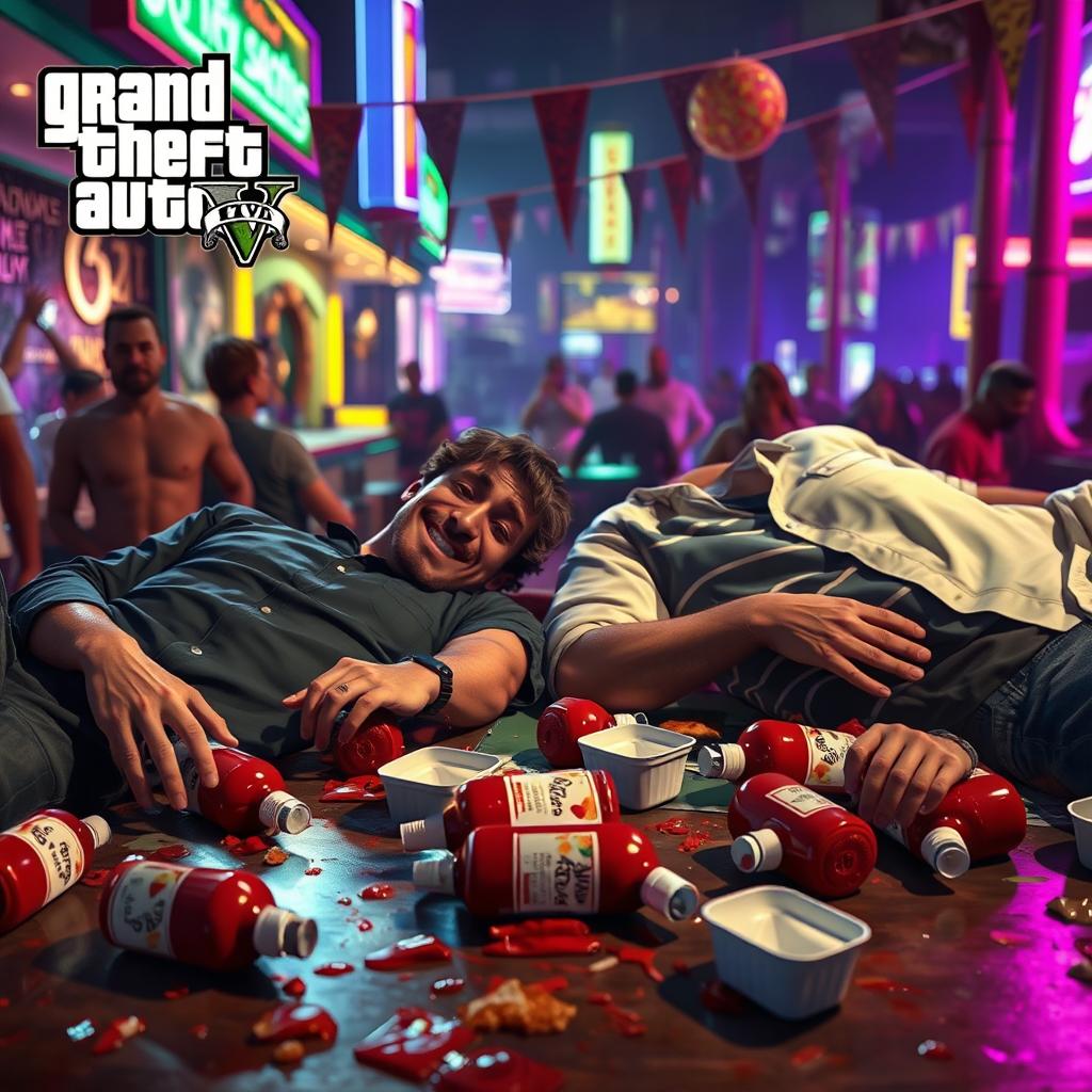 A humorous scene set in the world of Grand Theft Auto V, depicting two male characters sprawled out on a table in a messy setting