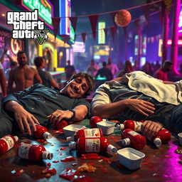 A humorous scene set in the world of Grand Theft Auto V, depicting two male characters sprawled out on a table in a messy setting