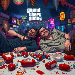 A humorous scene set in the world of Grand Theft Auto V, depicting two male characters sprawled out on a table in a messy setting