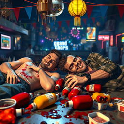 A humorous scene set in the world of Grand Theft Auto V, depicting two male characters sprawled out on a table in a messy setting