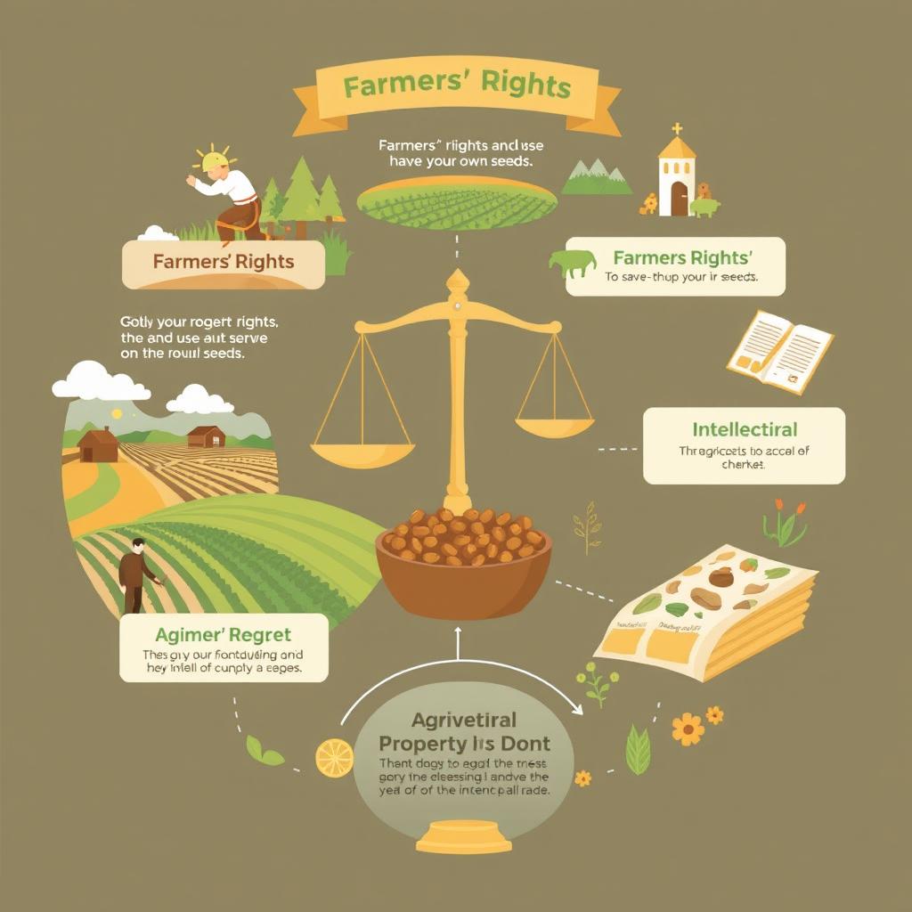 An informative graphic illustrating the concept of intellectual property rights related to agriculture, specifically focusing on farmers' rights to save and use their own seeds