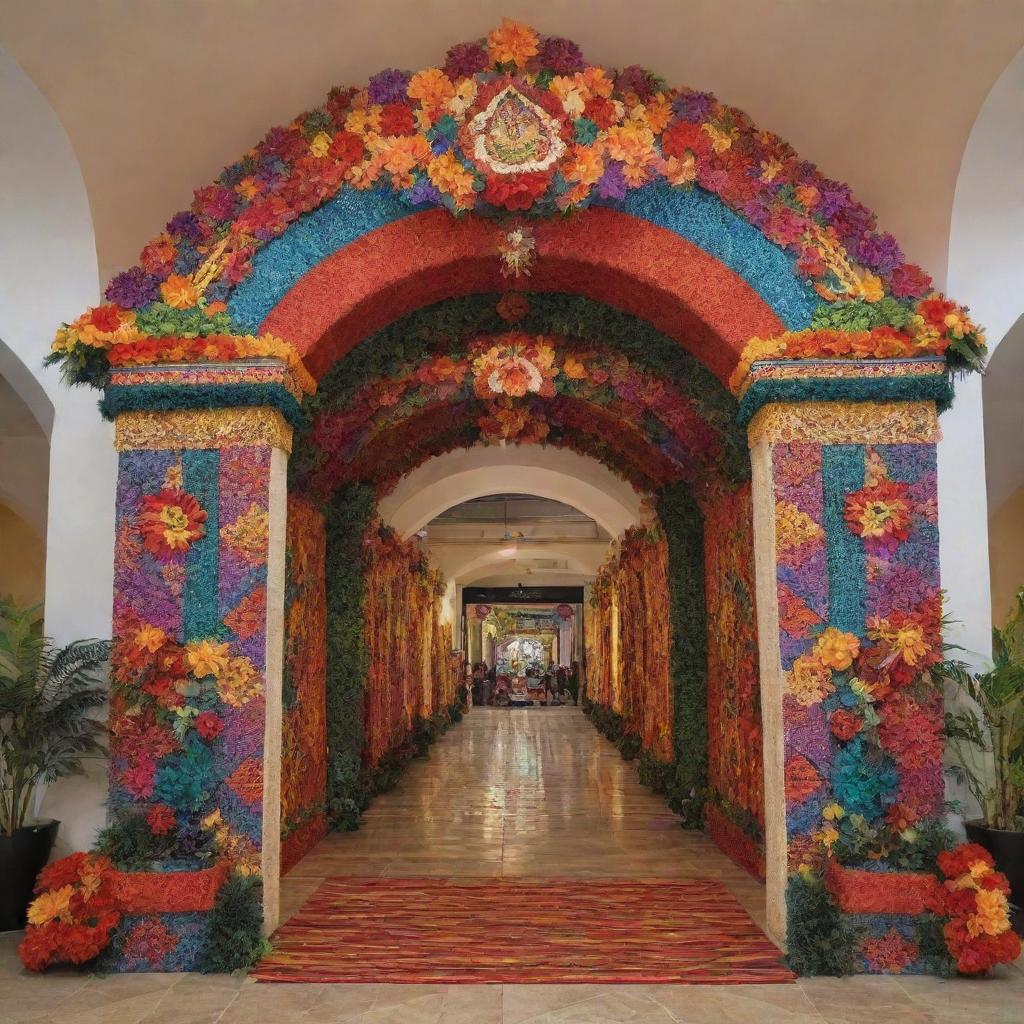 A grand archway design inspired by the festive spirit of the Philippines. Decorated with elements of the vibrant patterns of T'nalak and Yakan fabrics, shaped like the iconic Mayon Volcano, and adorned with symbolic traditional dance and music instruments.