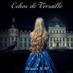 A beautiful woman with long, flowing blonde hair, seen from the back, standing in front of the Château de Versailles at night