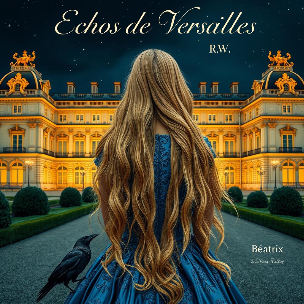 A beautiful woman with long, flowing blonde hair, seen from the back, standing in front of the Château de Versailles at night