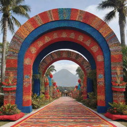 A grand archway design inspired by the festive spirit of the Philippines. Decorated with elements of the vibrant patterns of T'nalak and Yakan fabrics, shaped like the iconic Mayon Volcano, and adorned with symbolic traditional dance and music instruments.