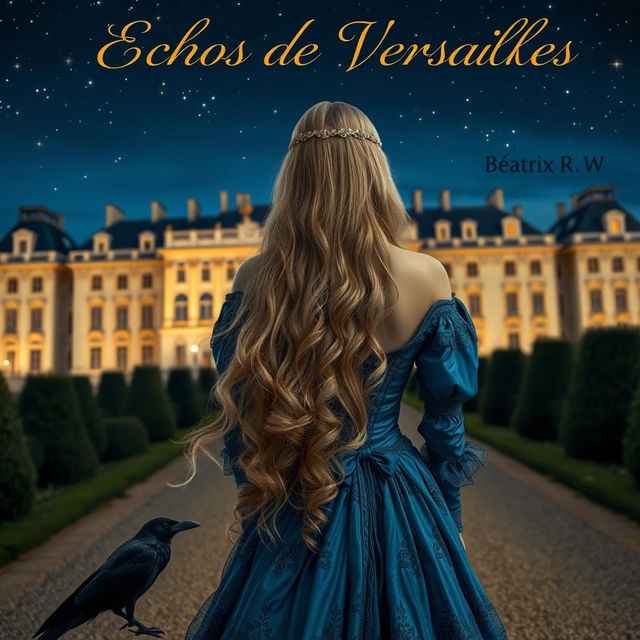 A beautiful woman with long, flowing blonde hair, seen from the back, standing in front of the Château de Versailles at night