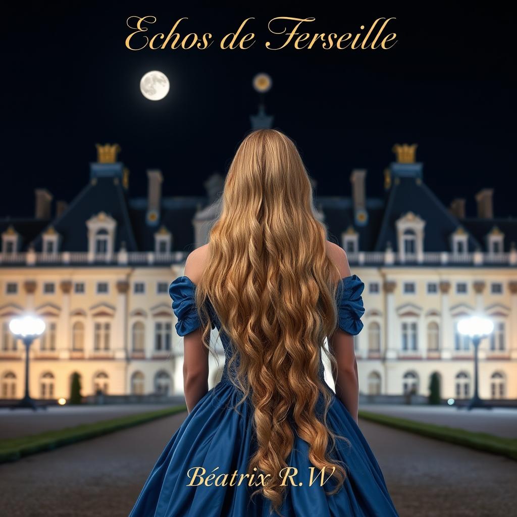 A beautiful woman with long, flowing blonde hair, seen from the back, standing in front of the Château de Versailles at night