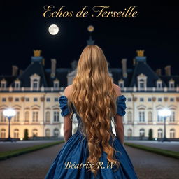 A beautiful woman with long, flowing blonde hair, seen from the back, standing in front of the Château de Versailles at night