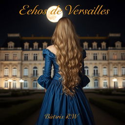 A beautiful woman with long, flowing blonde hair, seen from the back, standing in front of the Château de Versailles at night