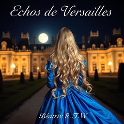 A beautiful woman with long, flowing blonde hair, seen from the back, standing in front of the Château de Versailles at night