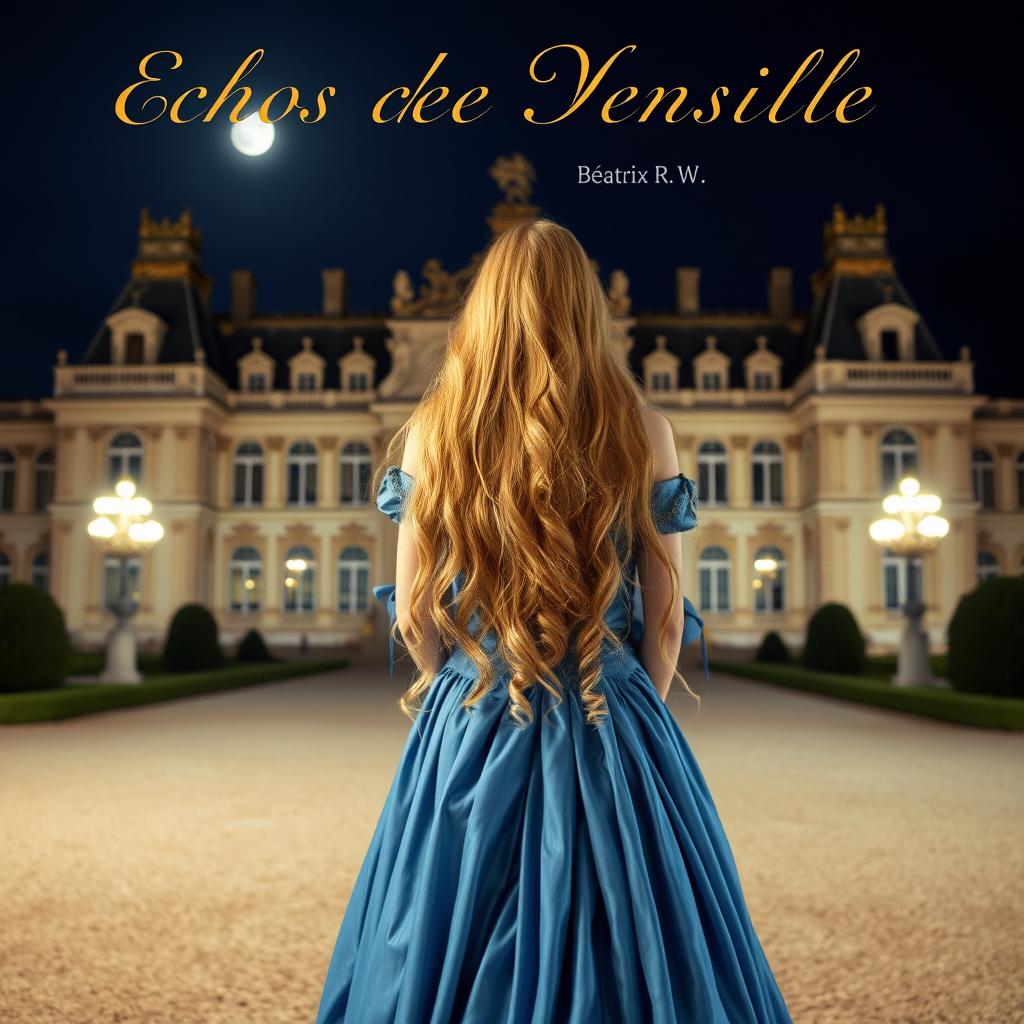 A beautiful woman with long, flowing blonde hair, seen from the back, standing in front of the Château de Versailles at night