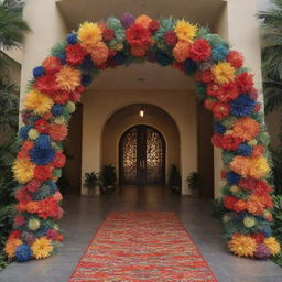 A grand archway design inspired by the festive spirit of the Philippines. Decorated with elements of the vibrant patterns of T'nalak and Yakan fabrics, shaped like the iconic Mayon Volcano, and adorned with symbolic traditional dance and music instruments.