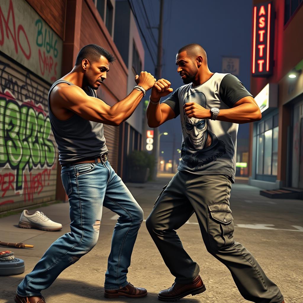 Two men engaging in a fistfight in the streets of Los Santos in Grand Theft Auto V